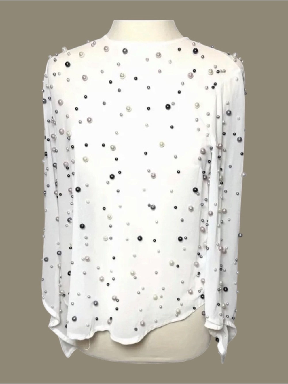 STYLE Pearl Beaded Sheer Blouse White Long Sleeve Romantic Evening Top Medium